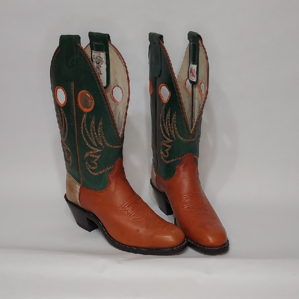 Stylish Green and Tan Heeled Boots